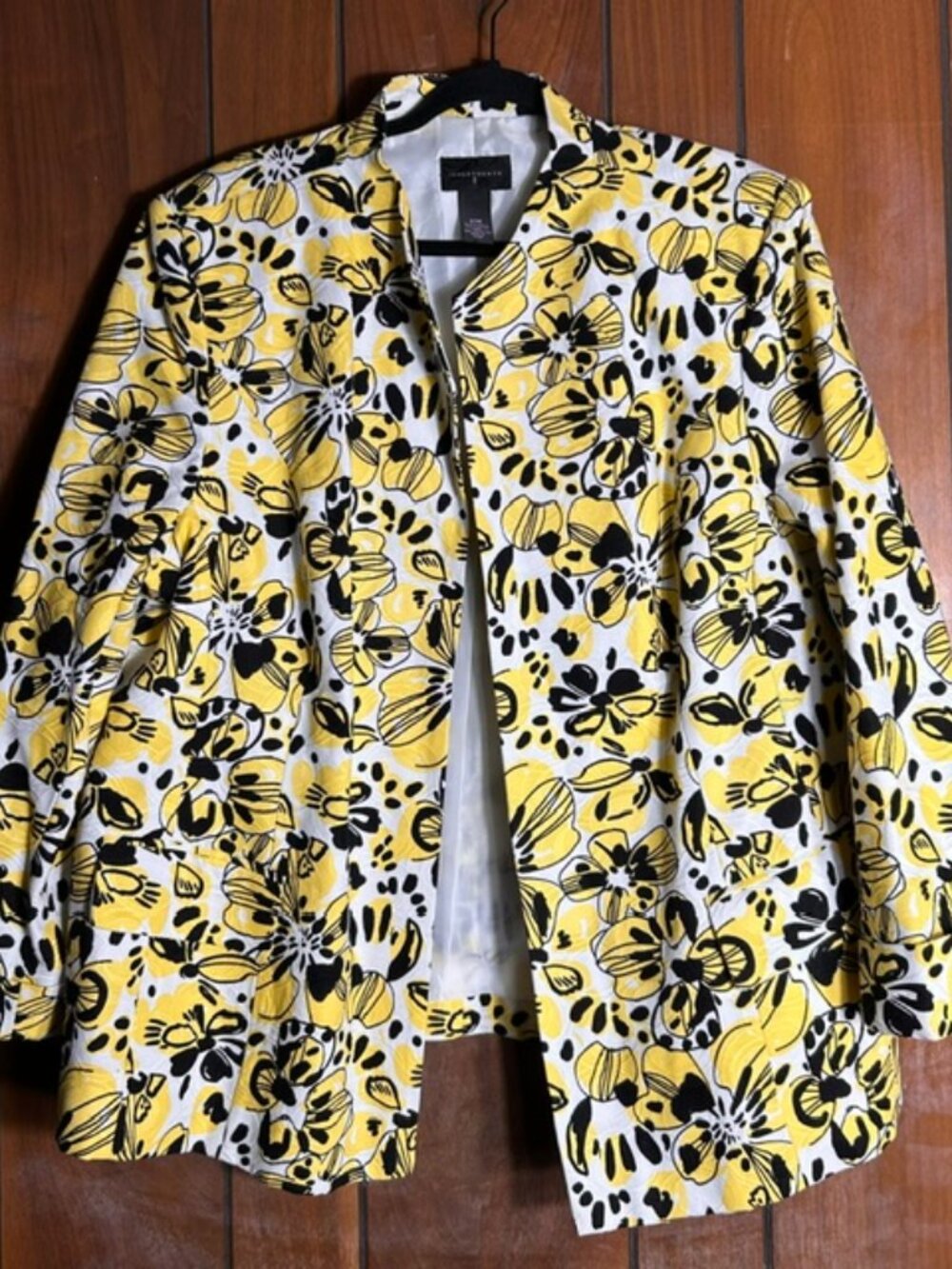 Investments Blazer Womens Sz 20W Yellow Black Abstract Floral Print Open Front